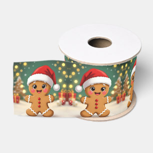 Cute little gingerbread man with Christmas hat Grosgrain Ribbon