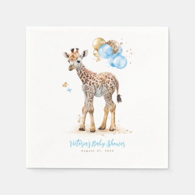 Cute Little Giraffe Modern Boho Blue Brown Napkin (Front)