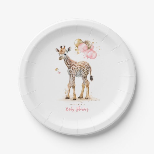 Cute Little Giraffe Modern Boho Pink Brown Paper Plate (Front)