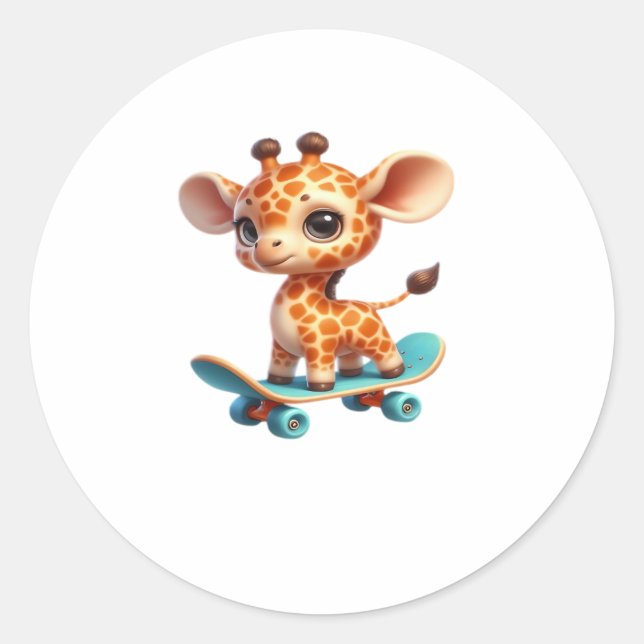 Cute little giraffe on a skateboard Classic T-Shir Classic Round Sticker (Front)