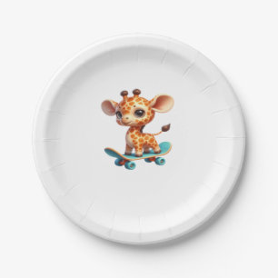 Cute little giraffe on a skateboard Classic T-Shir Paper Plate