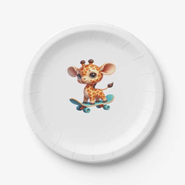 Cute little giraffe on a skateboard Classic T-Shir Paper Plate (Front)