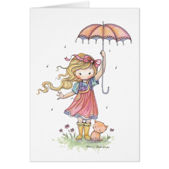 Cute Little Girl and Cat in the Rain Card