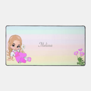 Cute Little Girl and Flowers on Pastel Colours Desk Mat