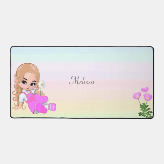 Cute Little Girl and Flowers on Pastel Colours Desk Mat (Front)