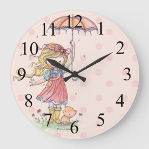 Cute Little Girl and Ktty Pink Polkadot Clock