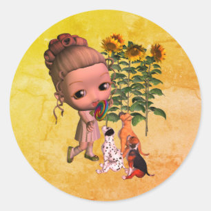 Cute Little Girl And Puppies  Classic Round Sticker