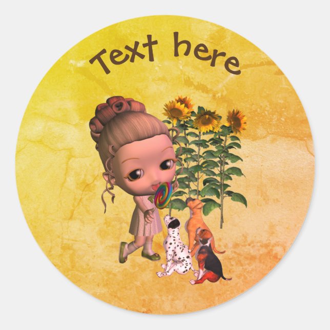 Cute Little Girl And Puppies Personalised Classic Round Sticker (Front)