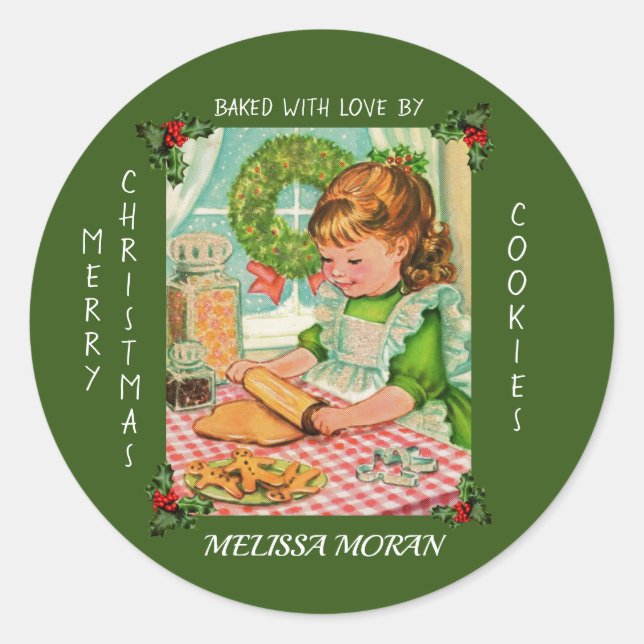 Cute Little Girl Baking Christmas Goodies Classic Round Sticker (Front)