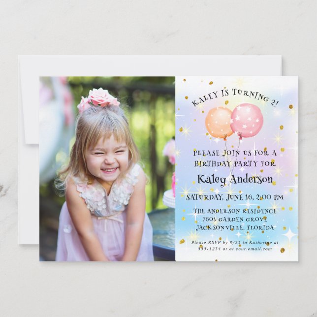 Cute Little Girl Ballon Birthday Party Photo Invitation (Front)