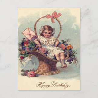 Cute Little Girl Basket Flowers Letter Postcard