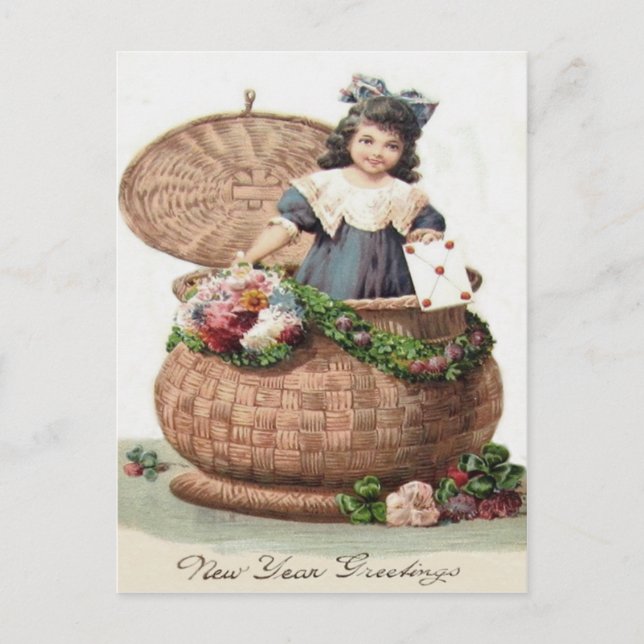 Cute Little Girl Basket Wreath Garland Letter Postcard (Front)