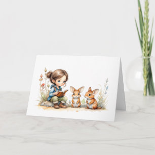 Cute Little Girl Blue Eyes Book Rabbits Flowers  Card