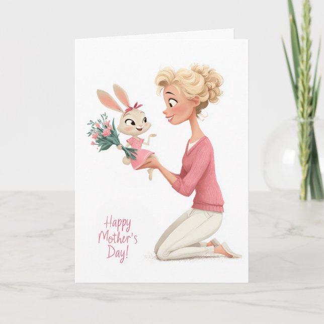 Cute Little Girl Bunny Bringing Mama Flowers Card (Front)