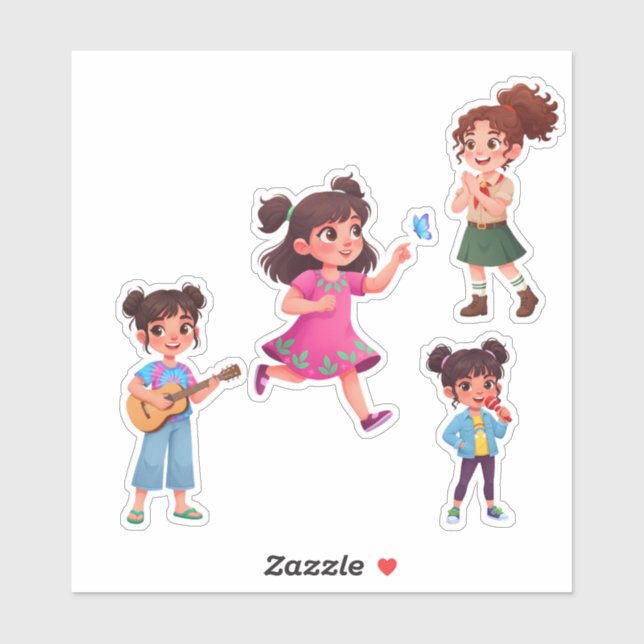 Cute Little Girl Cartoon Character Vinyl Sticker  (Sheet)