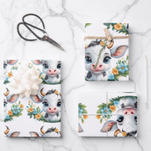 Cute little girl cow in flowers  wrapping paper sheet