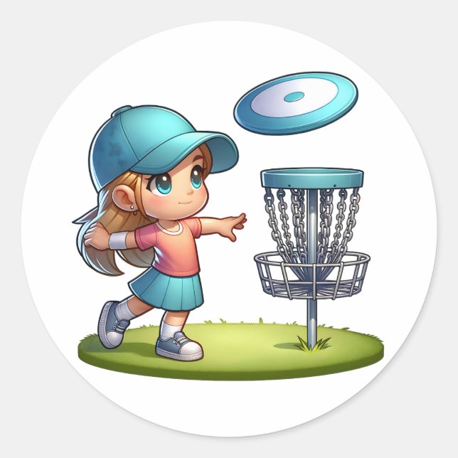 Cute Little Girl Disc Golf Cartoon  Classic Round Sticker (Front)
