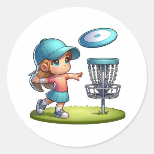 Cute Little Girl Disc Golf Cartoon Classic Round Sticker