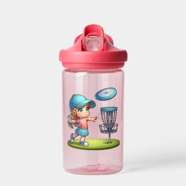 Cute Little Girl Disc Golf Cartoon Personalised Water Bottle (Front)