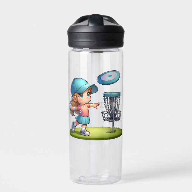 Cute Little Girl Disc Golf Cartoon Personalised Water Bottle (Front)