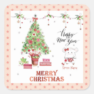 Cute Little Girl Hamster Merry Christmas Square Sticker
