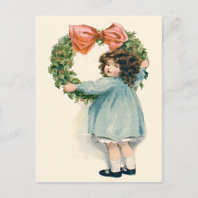 Cute Little Girl Holly Wreath Pink Bow Postcard (Front)