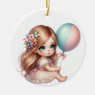CUTE LITTLE GIRL IN A DRESS WITH PINK BALLOON CERAMIC TREE DECORATION
