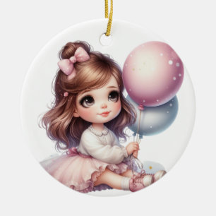 CUTE LITTLE GIRL IN A DRESS WITH PINK BALLOON CERAMIC TREE DECORATION
