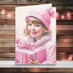 Cute Little Girl in Pink Retro Christmas Card<br><div class="desc">Pretty watercolor Christmas holiday card. Adorable little vintage girl in winter cap holding a retro gift box in pink.</div>