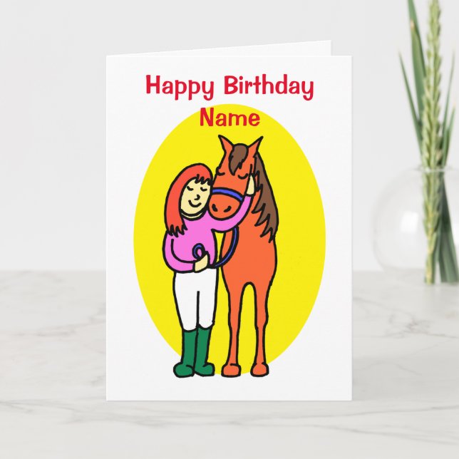 Cute Little Girl Loves Horse Cartoon Birthday Card (Front)