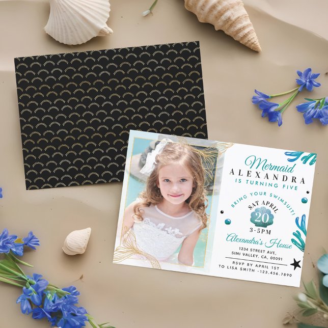 Cute Little Girl Mermaid Photo Birthday Invitation (Cute Little Girl Mermaid Photo Birthday Invitation)