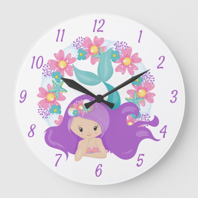 Cute Little Girl Mermaid Purple Pink Flowers Large Clock (Front)