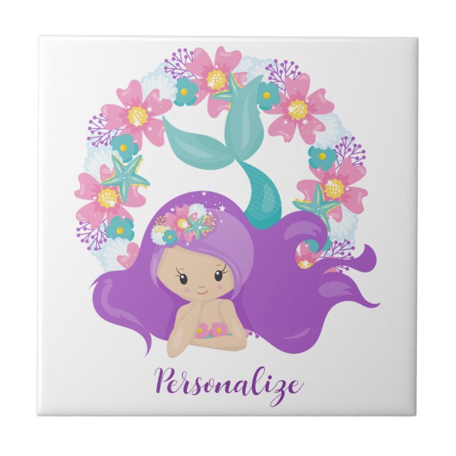 Cute Little Girl Mermaid Purple Pink Personalised Tile (Front)