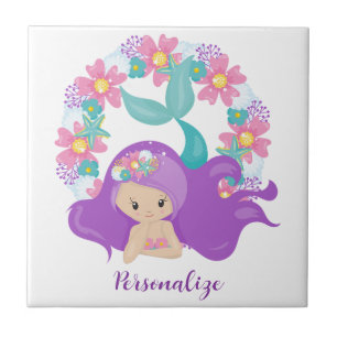 Cute Little Girl Mermaid Purple Pink Personalized Tile