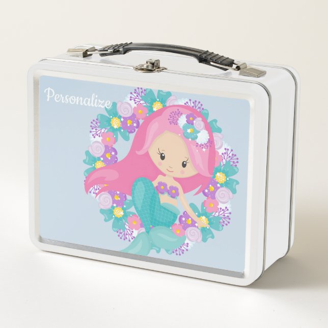 Cute Little Girl Ocean Sea Mermaid Personalised Metal Lunch Box (Front)