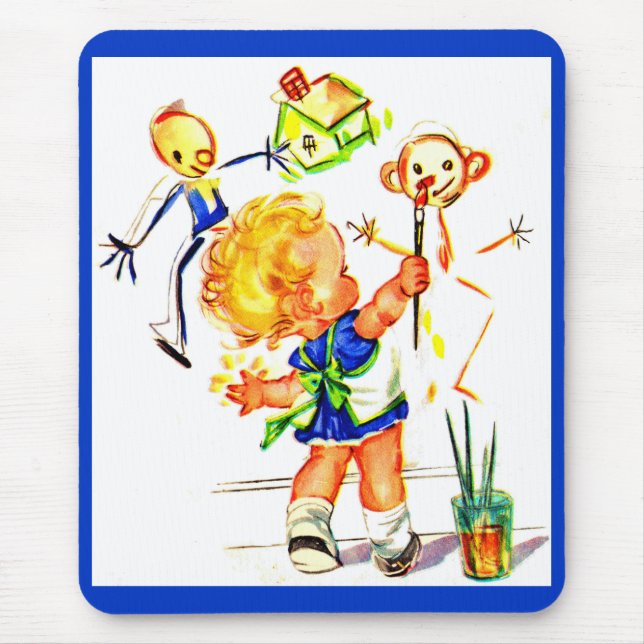 cute little girl painting on the wall mouse mat (Front)