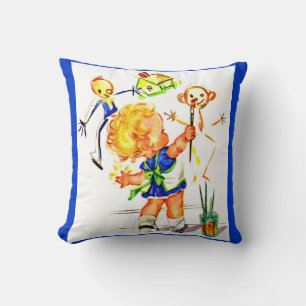 cute little girl painting on the wall print cushion