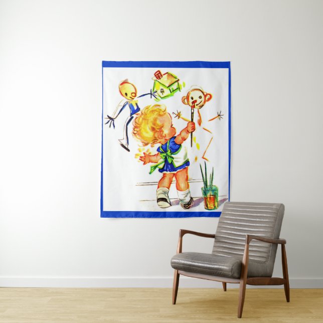 cute little girl painting on the wall print tapestry (In Situ)