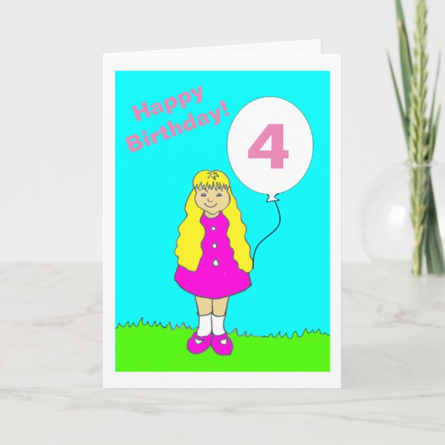 Cute Little Girl Pink Aged 4 Birthday Card (Front)