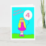 Cute Little Girl Pink Aged 4 Birthday Card<br><div class="desc">Cute birthday card featuring a cartoon image of a little girl holding a balloon. The little girl is wearing a pink dress and shoes standing on green grass in front of the blue sky. The card can be personalized to change the age in the balloon and also the message on...</div>