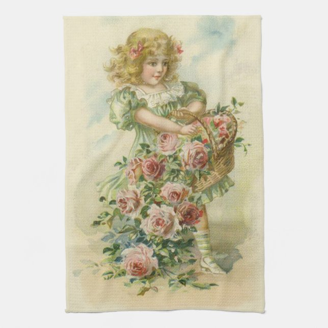 Cute Little Girl Pink Roses Tea Towel (Vertical)