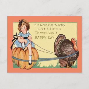 Cute Little Girl Riding A Pumpkin Turkey Postcard