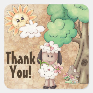 Cute Little Girl Sheep and Flowers Thank You Square Sticker