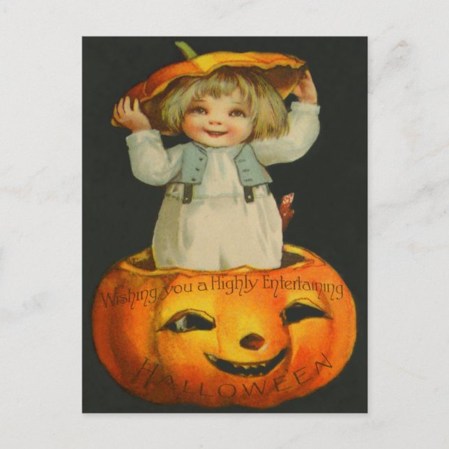 Cute Little Girl Smiling Jack O' Lantern Pumpkin Postcard (Front)
