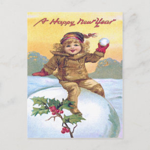 Cute Little Girl Snowball Holly Snow Postcard
