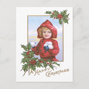 Cute Little Girl Snowballs Holly Postcard