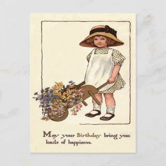 Cute Little Girl Wheelbarrow Flowers Postcard (Front)
