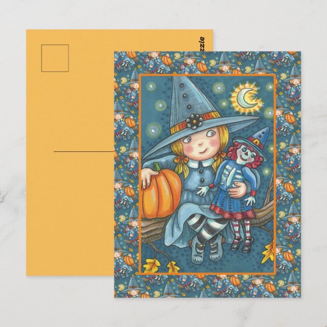 CUTE LITTLE GIRL WITCH, RAG DOLL, HAPPY HALLOWEEN POSTCARD (Front/Back)