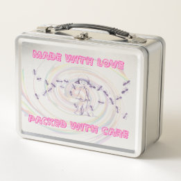 Cute little girl with baggy jeans metal lunch box