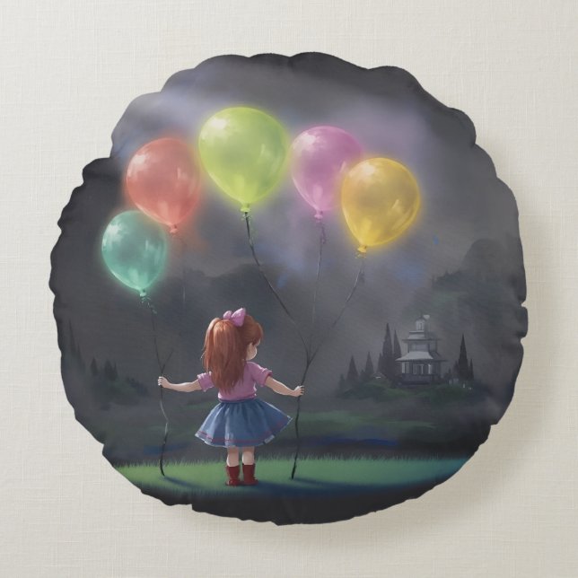 Cute Little Girl with Balloons Round Cushion (Front)